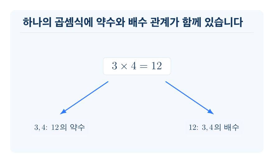 약수와 배수의 관계 개념을 설명하는 수학 도식