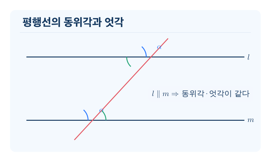 평행선에서 생기는 각 개념을 설명하는 수학 도식