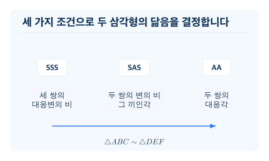 삼각형의 닮음 조건 개념을 설명하는 수학 도식