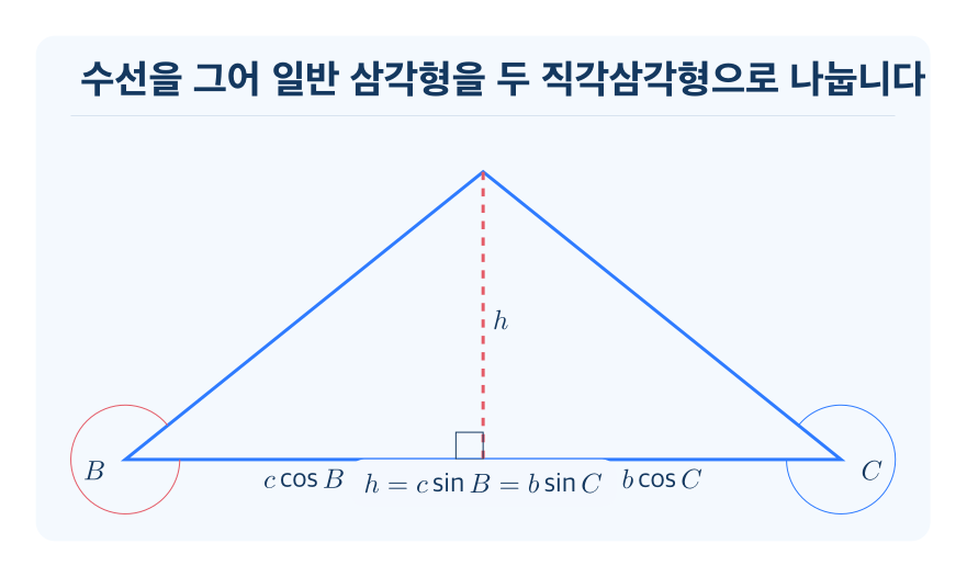 일반 삼각형의 길이와 높이 개념을 설명하는 수학 도식